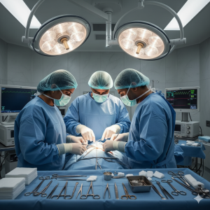 Three surgeons, two men and one woman, all wearing surgical masks, caps, and blue gowns, perform an operation in a modern Indian operating theatre. Bright surgical lights illuminate the patient on the table. In the foreground, a tray of various gleaming stainless steel surgical instruments is meticulously arranged on a blue sterile cloth, ready for use.