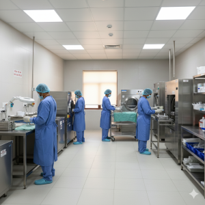 Wide landscape photograph showing four healthcare professionals in blue scrubs and head coverings meticulously working with medical equipment in a modern, well-lit sterile processing department within an Indian hospital. The image conveys a sense of diligent work and advanced hygiene.