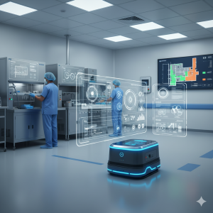 A wide, futuristic landscape image of a sterile processing department in an Indian hospital. Healthcare workers in blue scrubs and caps operate advanced equipment, while holographic interfaces display data and charts. A sleek, autonomous disinfection robot moves across the floor. The scene emphasizes technology, efficiency, and proactive infection control.